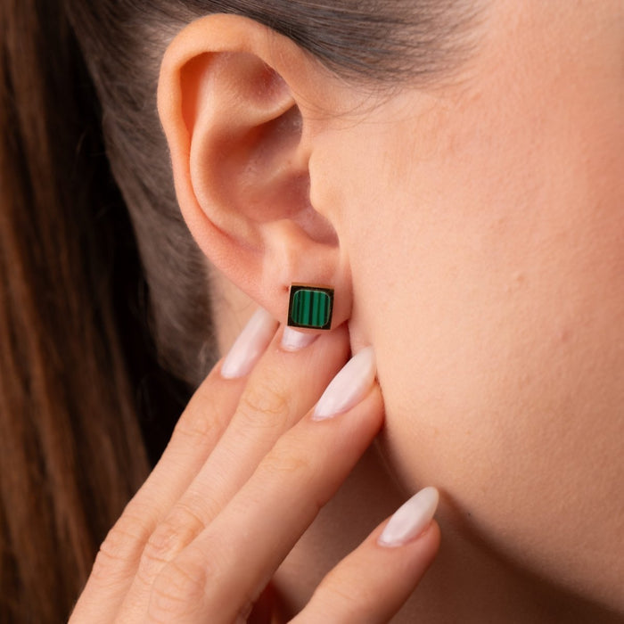 Women's Stainless Steel 18K Gold-Plated Earrings – Green Stone Geometric Earring – Meiva earrings view 6