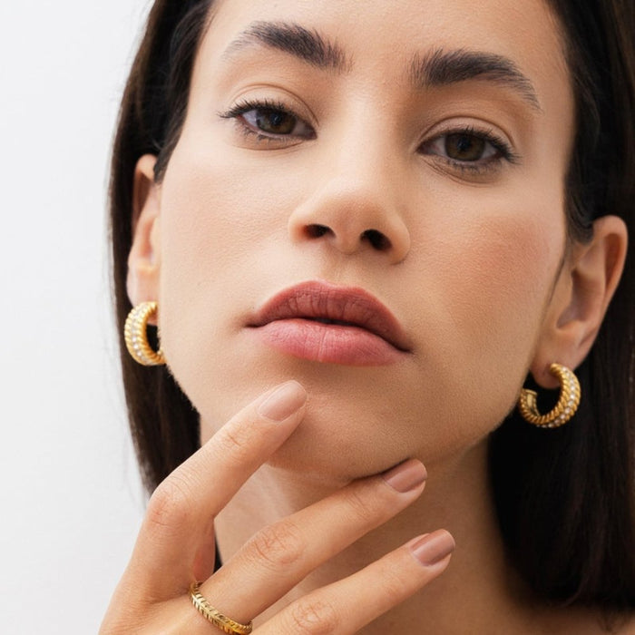 Women's Stainless Steel 18K Gold-Plated Earrings – Hoop Date Hoop Earring – Meiva earrings view 2