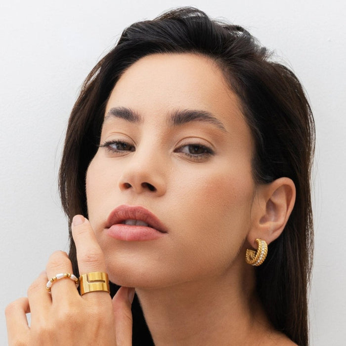 Women's Stainless Steel 18K Gold-Plated Earrings – Hoop Date Hoop Earring – Meiva earrings view 6