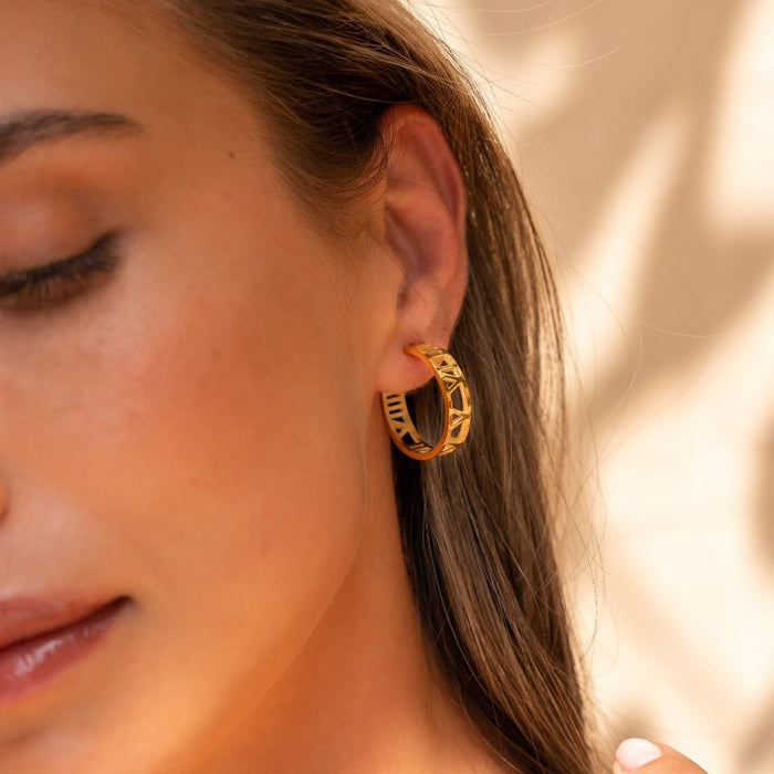 Women's Stainless Steel 18K Gold-Plated Earrings – Hoop Numeral Hoop – Meiva earrings view 2