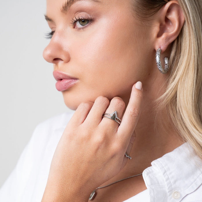 Women's Stainless Steel 18K Gold-Plated Earrings – Hoop Textured Hoop Earring Silver – Meiva earrings view 3
