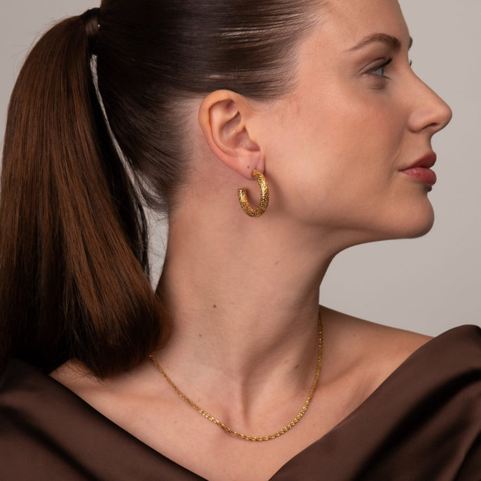 Women's Stainless Steel 18K Gold-Plated Earrings – Hoop Textured Hoop Earring – Meiva earrings view 7
