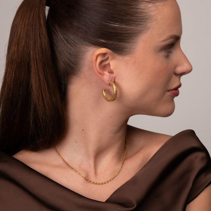 Women's Stainless Steel 18K Gold-Plated Earrings – Hoop Textured Hoop Earring – Meiva earrings view 8