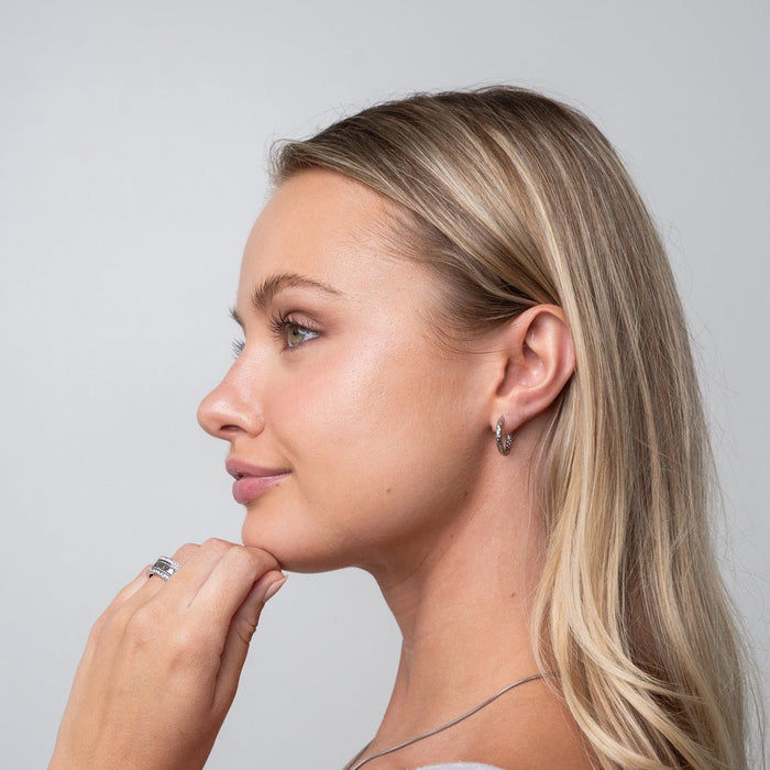 Women's Stainless Steel 18K Gold-Plated Earrings – Hoop Textured Hoop Silver – Meiva earrings view 3