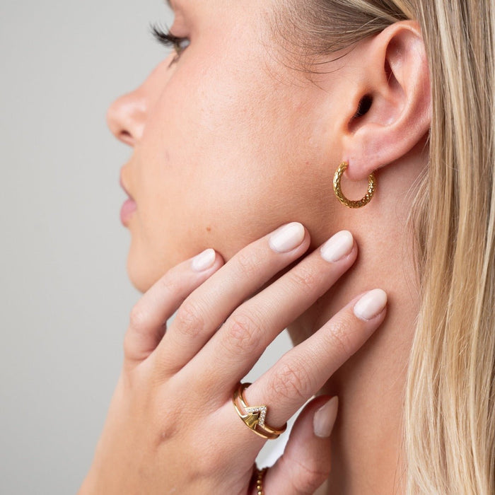 Women's Stainless Steel 18K Gold-Plated Earrings – Hoop Textured Hoop – Meiva earrings view 2