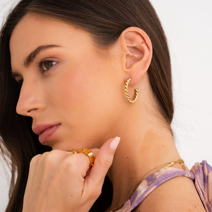 Women's Stainless Steel 18K Gold-Plated Earrings – Hoop Twist Hoop, Layered – Meiva earrings view 2