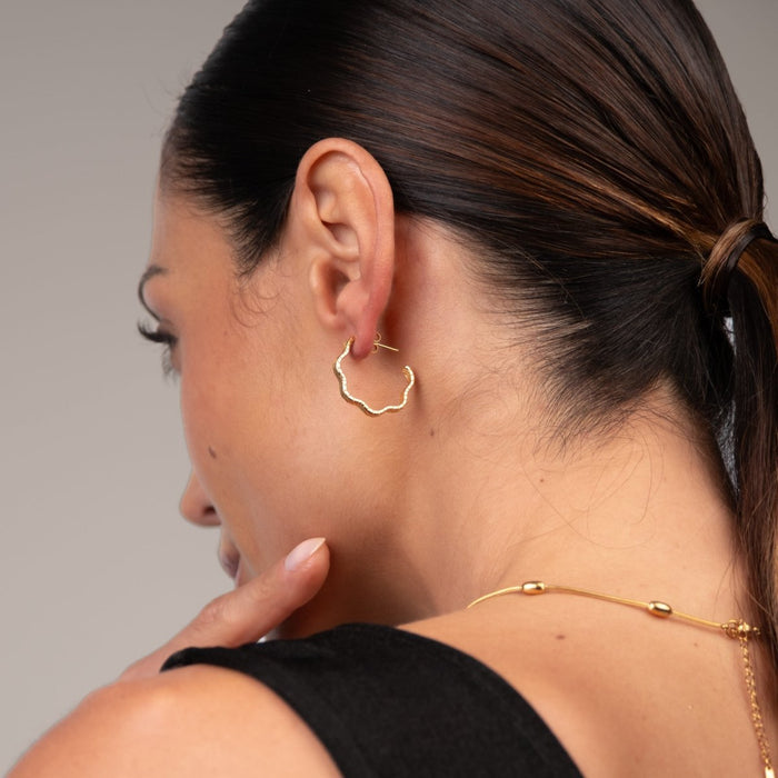 Women's Stainless Steel 18K Gold-Plated Earrings – Hoop Wavy Texture Hoop – Meiva earrings view 4