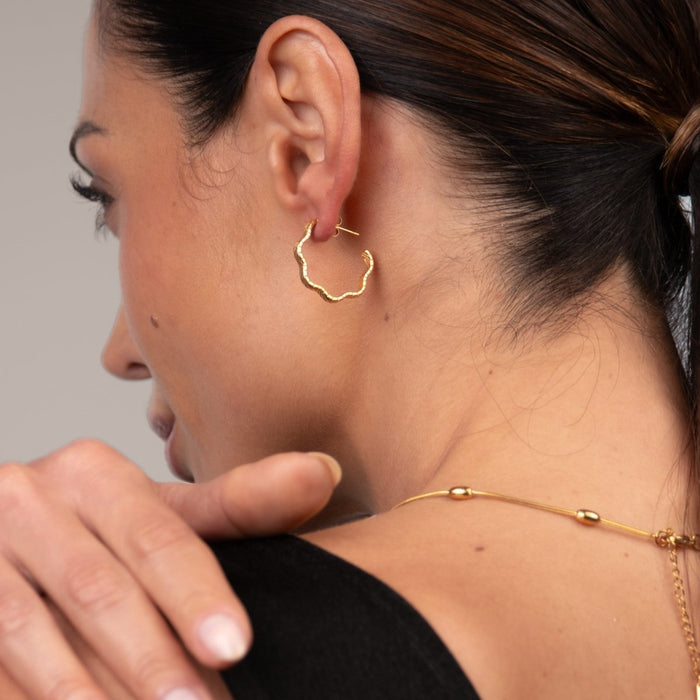 Women's Stainless Steel 18K Gold-Plated Earrings – Hoop Wavy Texture Hoop – Meiva earrings view 6