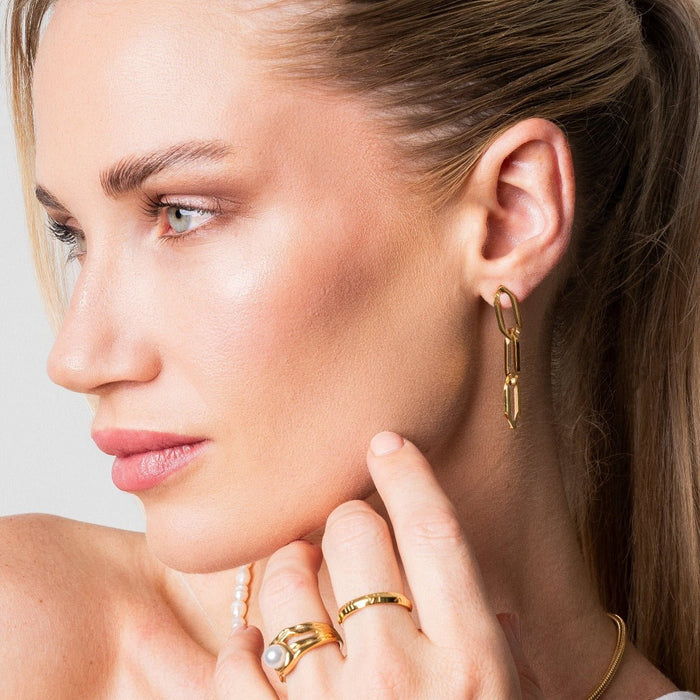 Women's Stainless Steel 18K Gold-Plated Earrings – Link Drop – Meiva earrings view 2