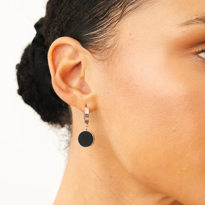 Women's Stainless Steel 18K Gold-Plated Earrings – Noir Pendant Silver – Meiva earrings view 2