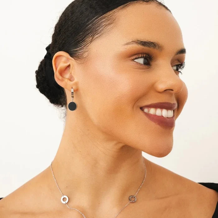 Women's Stainless Steel 18K Gold-Plated Earrings – Noir Pendant Silver – Meiva earrings view 5