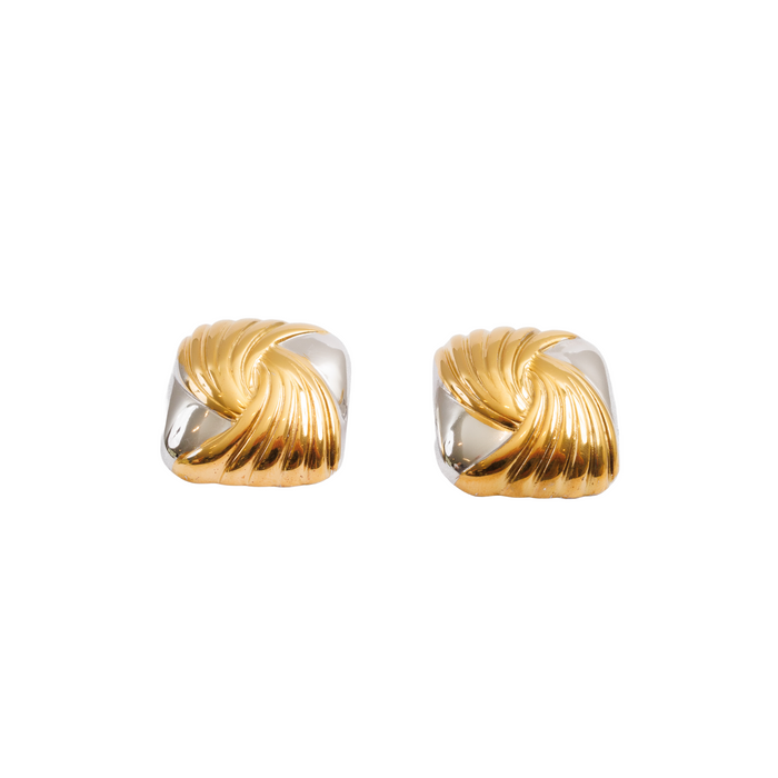 Women's Stainless Steel 18K Gold-Plated Earrings – Spiral Square Two-Tone Gold and Silver, Statement – Meiva earrings
