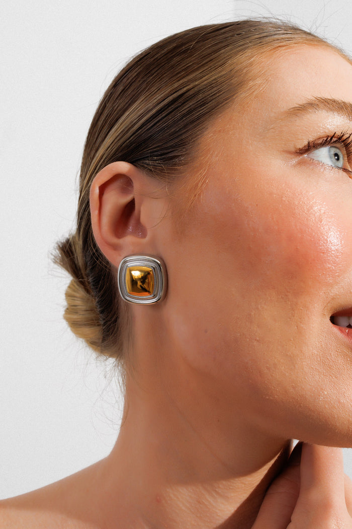 Women's Stainless Steel 18K Gold-Plated Earrings – Square Lumiere Two-Tone Gold and Silver, Dainty – Meiva earrings view 2