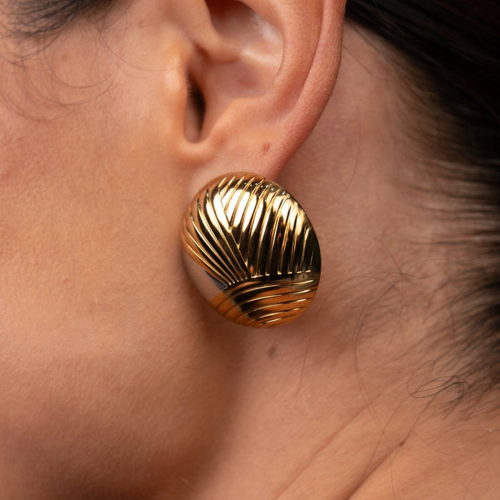 Women's Stainless Steel 18K Gold-Plated Earrings – Textured Sphere Two-Tone Gold and Silver – Meiva earrings view 2