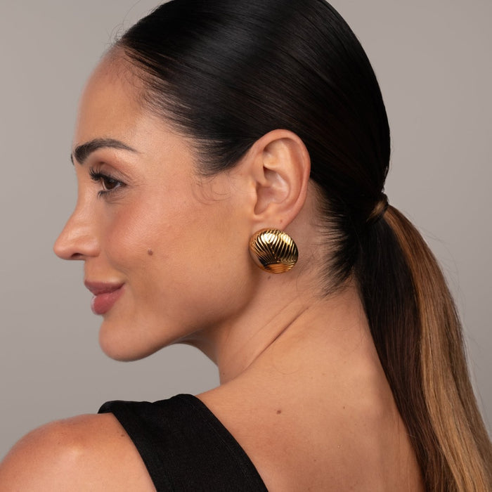 Women's Stainless Steel 18K Gold-Plated Earrings – Textured Sphere Two-Tone Gold and Silver – Meiva earrings view 3
