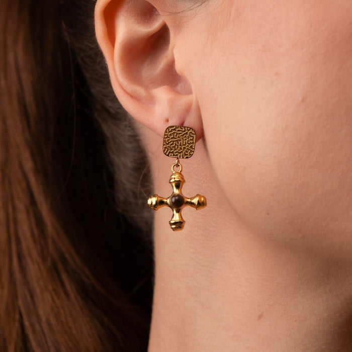 Women's Stainless Steel 18K Gold-Plated Earrings – Tiger Eye Earring – Meiva earrings view 2