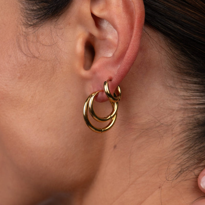 Women's Stainless Steel 18K Gold-Plated Earrings – Trio Hoop – Meiva earrings view 2