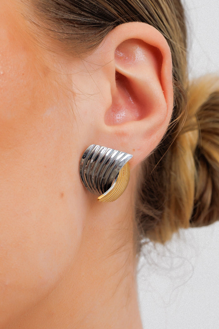 Women's Stainless Steel 18K Gold-Plated Earrings – Wave Motion Two-Tone Gold and Silver – Meiva earrings view 2