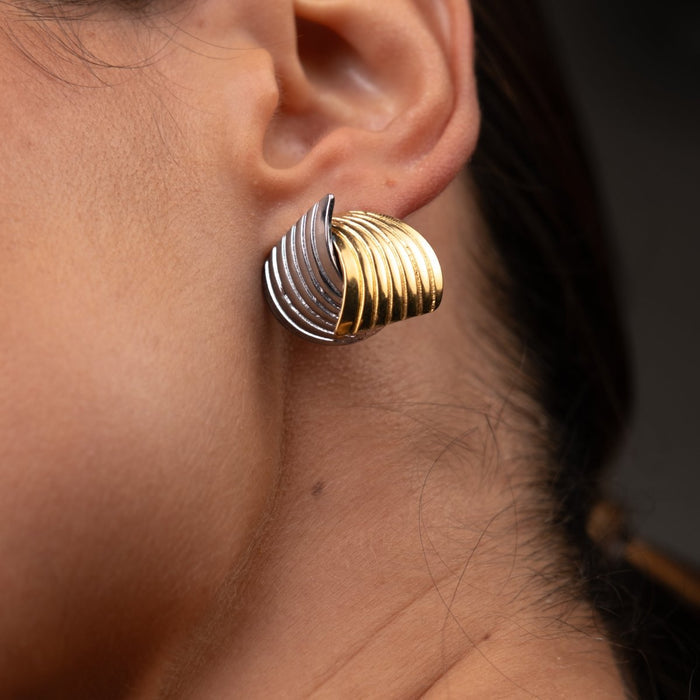 Women's Stainless Steel 18K Gold-Plated Earrings – Wave Motion Two-Tone Gold and Silver – Meiva earrings view 3
