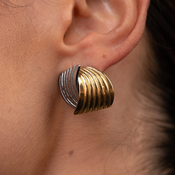 Women's Stainless Steel 18K Gold-Plated Earrings – Wave Motion Two-Tone Gold and Silver – Meiva earrings view 4