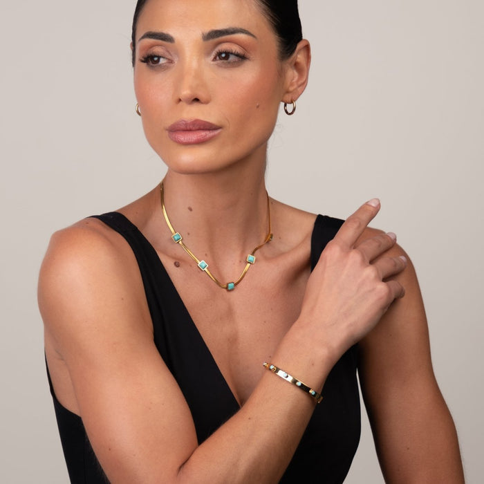Women's Stainless Steel 18K Gold-Plated Necklace – Aqua Stone Mesh, Layered – Meiva necklace view 3