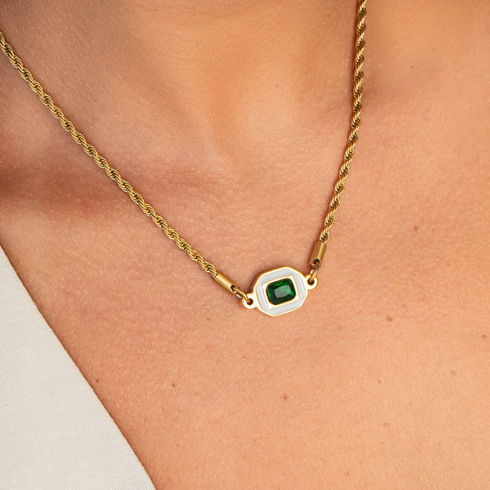 Women's Stainless Steel 18K Gold-Plated Necklace – Aura Emerald, Statement – Meiva necklace view 2