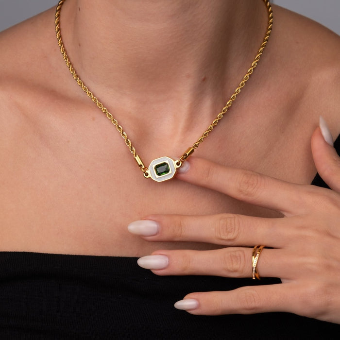Women's Stainless Steel 18K Gold-Plated Necklace – Aura Emerald, Statement – Meiva necklace view 3