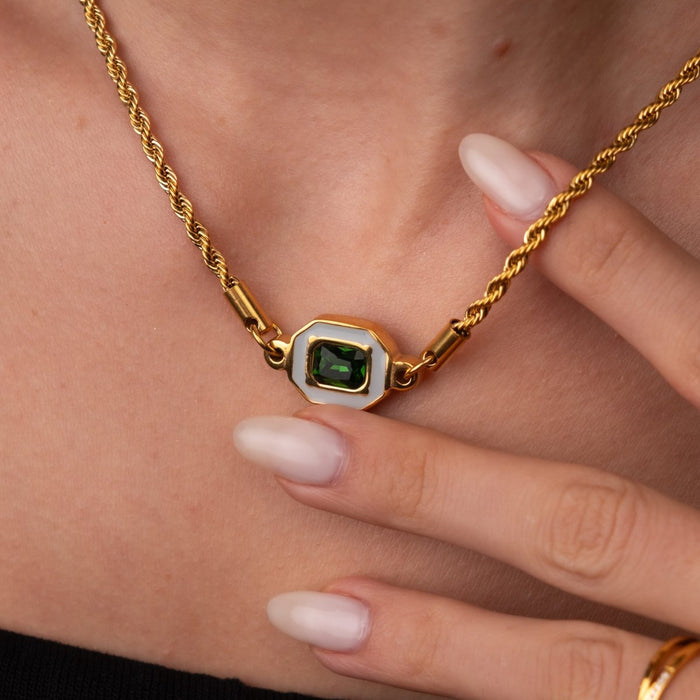 Women's Stainless Steel 18K Gold-Plated Necklace – Aura Emerald, Statement – Meiva necklace view 4