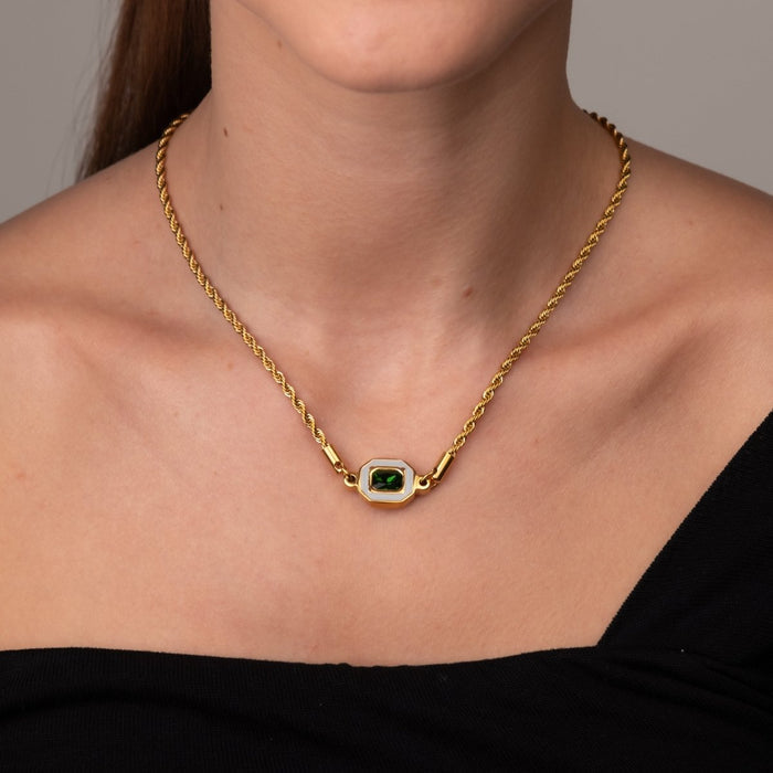 Women's Stainless Steel 18K Gold-Plated Necklace – Aura Emerald, Statement – Meiva necklace view 5