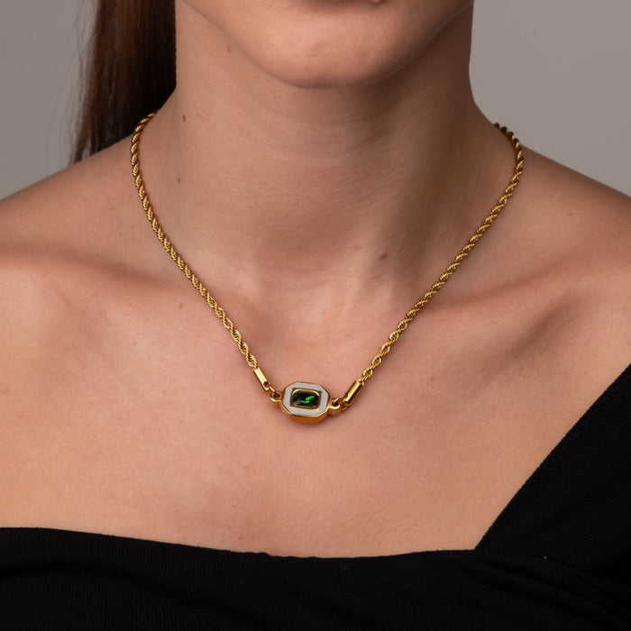 Women's Stainless Steel 18K Gold-Plated Necklace – Aura Emerald, Statement – Meiva necklace view 6