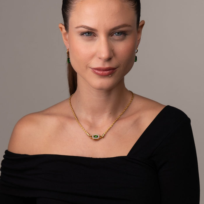 Women's Stainless Steel 18K Gold-Plated Necklace – Aura Emerald, Statement – Meiva necklace view 7