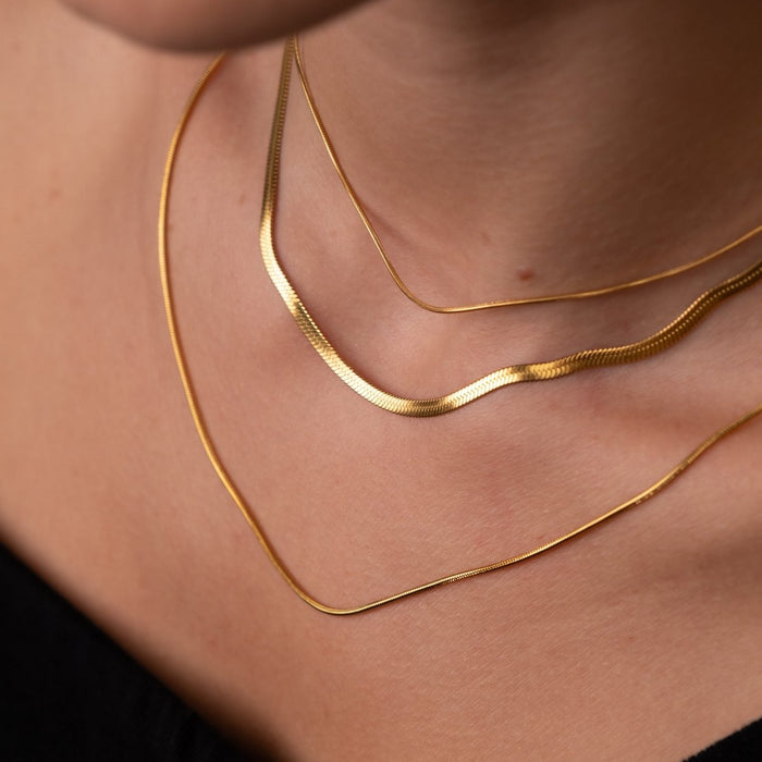 Women's Stainless Steel 18K Gold-Plated Necklace – Celina Triple Layer Mesh, Dainty – Meiva necklace view 2