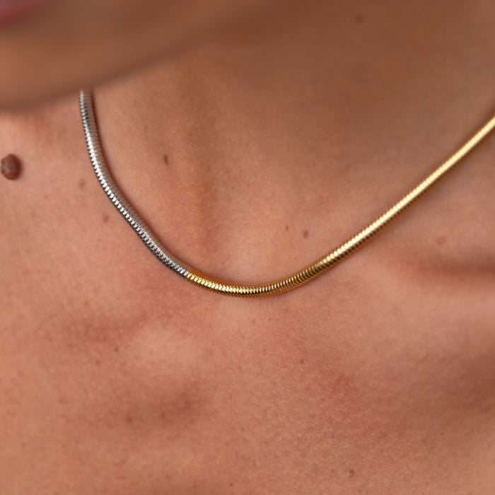 Women's Stainless Steel 18K Gold-Plated Necklace – Contrast Mesh, Layered – Meiva necklace view 3