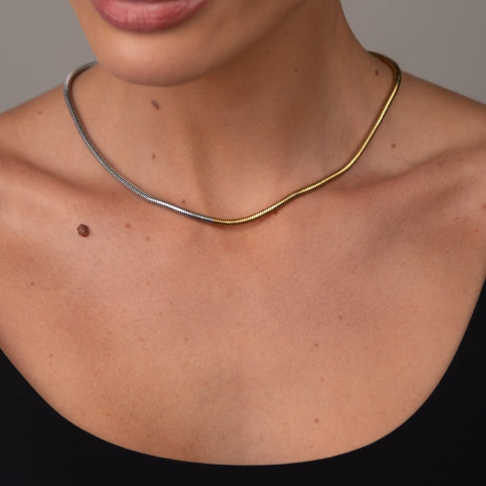Women's Stainless Steel 18K Gold-Plated Necklace – Contrast Mesh, Layered – Meiva necklace view 5