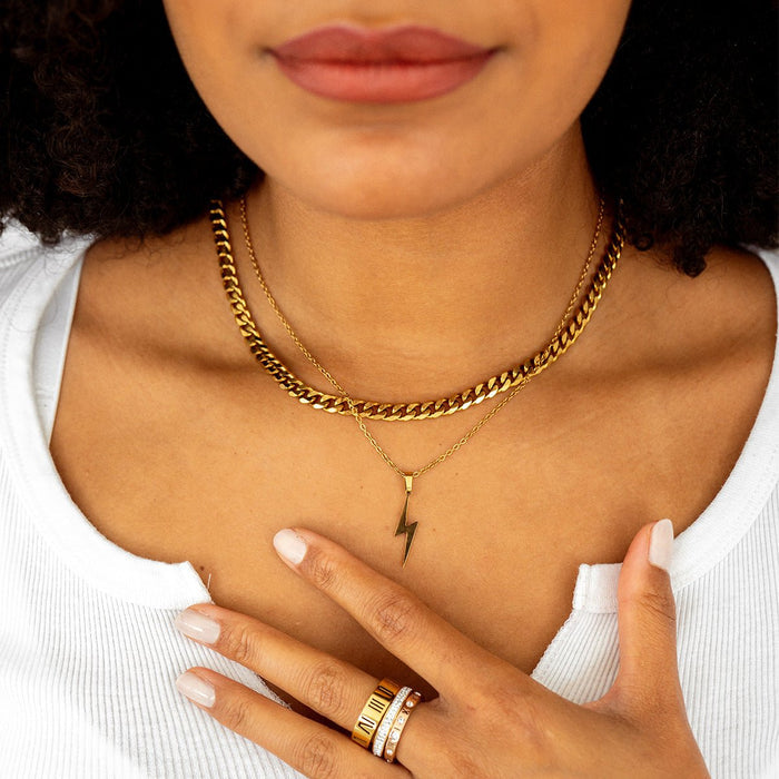 Women's Stainless Steel 18K Gold-Plated Necklace – Energy Lightning Bolt Pendant, Statement – Meiva necklace view 2