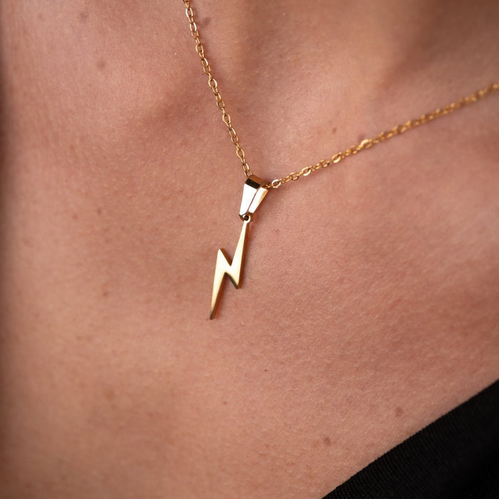 Women's Stainless Steel 18K Gold-Plated Necklace – Energy Lightning Bolt Pendant, Statement – Meiva necklace view 3