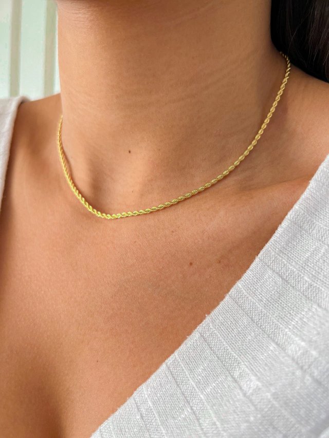 Women's Stainless Steel 18K Gold-Plated Necklace – Fine 2mm Brazilian Chain, Layered – Meiva necklace view 2
