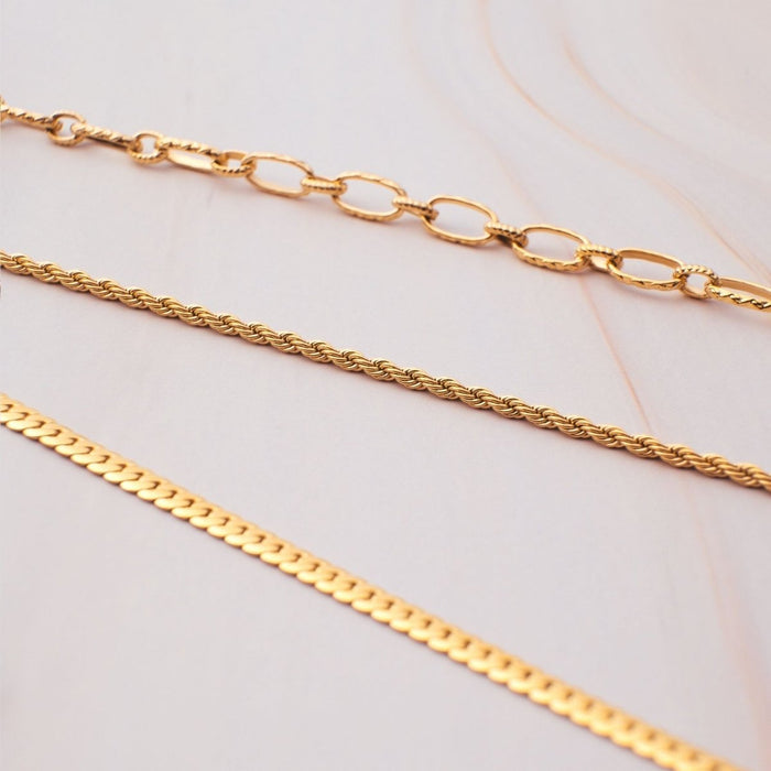 Women's Stainless Steel 18K Gold-Plated Necklace – Fine 2mm Brazilian Chain, Layered – Meiva necklace view 3