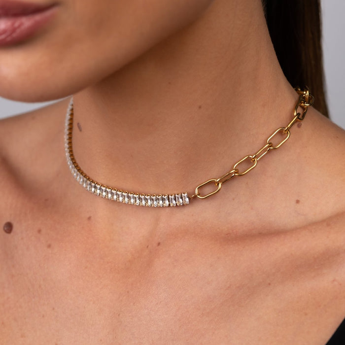 Women's Stainless Steel 18K Gold-Plated Necklace – Riviera Baguette Choker, Dainty – Meiva necklace view 2