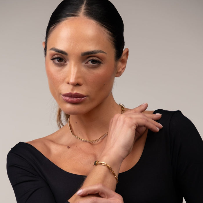 Women's Stainless Steel 18K Gold-Plated Necklace – Riviera Baguette Choker, Dainty – Meiva necklace view 3