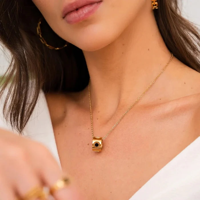 Women's Stainless Steel 18K Gold-Plated Necklace – Roman Numeral Rotating – Meiva necklace view 2