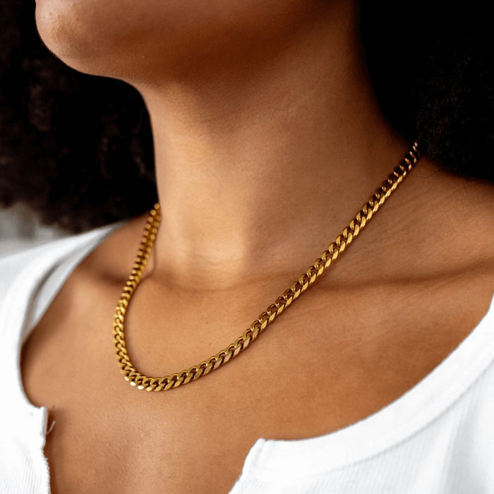 Women's Stainless Steel 18K Gold-Plated Necklace – Selenza Cuban Chain, Layered – Meiva necklace view 2