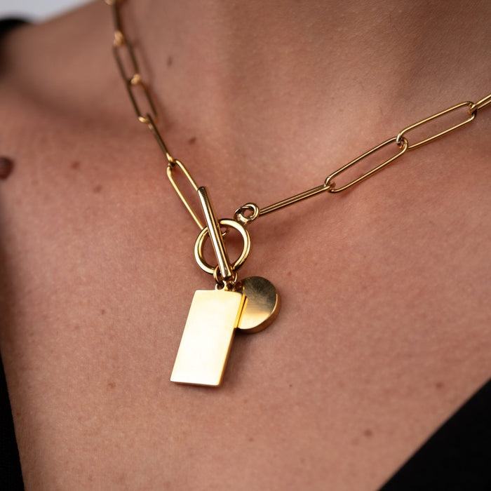 Women's Stainless Steel 18K Gold-Plated Necklace – Smooth Geometric Pendant Chain, Layered – Meiva necklace view 3