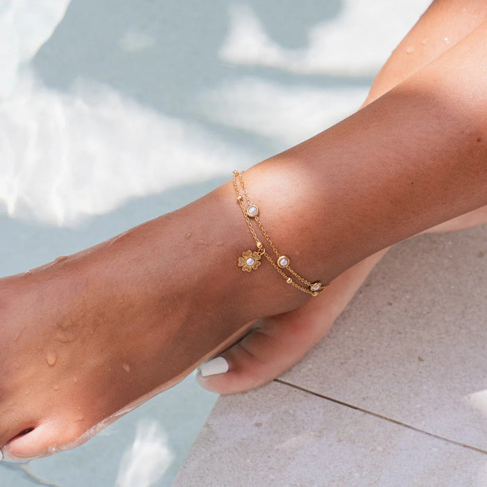 Women's Stainless Steel 18K Gold-Plated Pearl Anklet – Double Floral, Dainty – Meiva anklet view 3