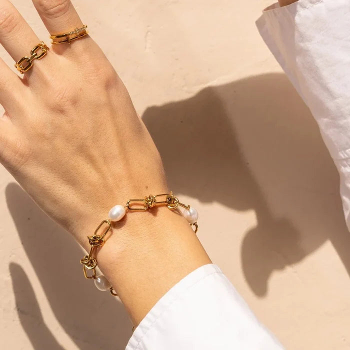 Women's Stainless Steel 18K Gold-Plated Pearl Bracelet – Knot and, Dainty – Meiva bracelet view 2