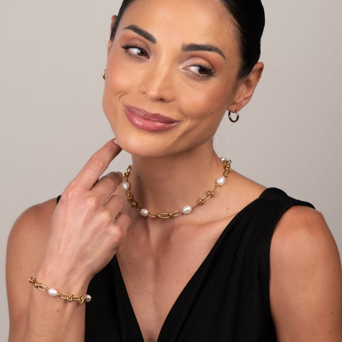 Women's Stainless Steel 18K Gold-Plated Pearl Bracelet – Knot and, Dainty – Meiva bracelet view 3