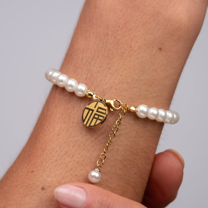 Women's Stainless Steel 18K Gold-Plated Pearl Bracelet – with Charm, Dainty – Meiva bracelet view 3