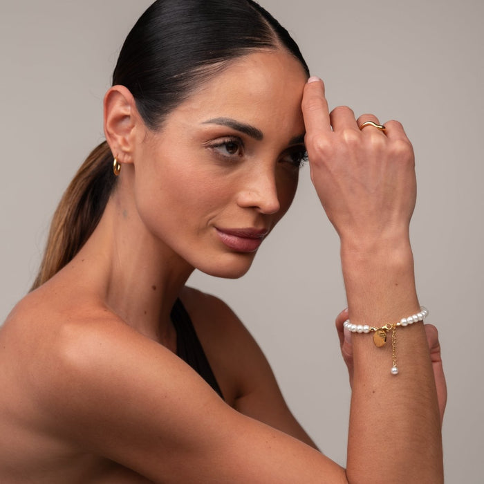 Women's Stainless Steel 18K Gold-Plated Pearl Bracelet – with Charm, Dainty – Meiva bracelet view 4