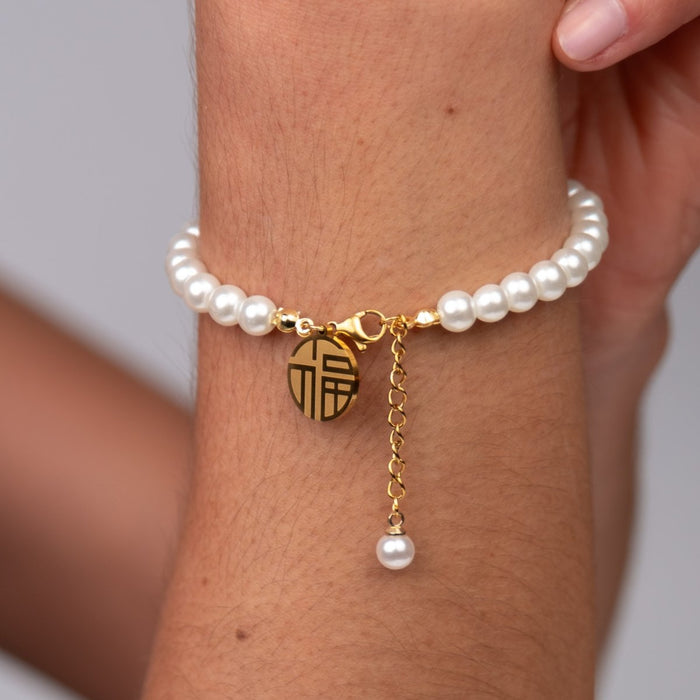 Women's Stainless Steel 18K Gold-Plated Pearl Bracelet – with Charm, Dainty – Meiva bracelet view 5