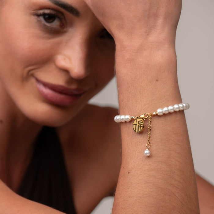 Women's Stainless Steel 18K Gold-Plated Pearl Bracelet – with Charm, Dainty – Meiva bracelet view 6